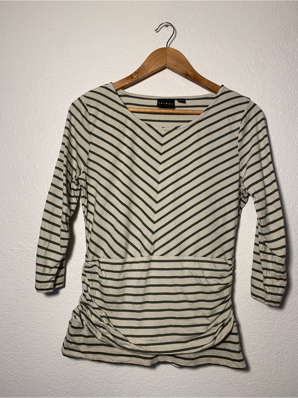 Tribal Cream and Dark Green Striped V-Neck Long Sleeve Top Cotton Modal Blend L